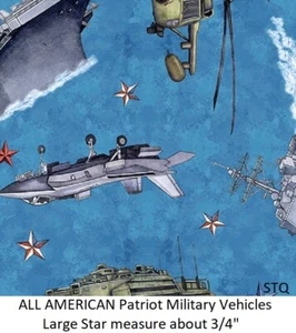AMERICAN Military Tank Jet Ship Helo cotton quilt fabric Quilting Treasures Blue - Picture 1 of 10