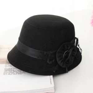 Cute Black Bucket Hat with Rose Flower Bow - Picture 1 of 1