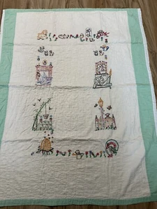 Vintage Handmade Cross Stitch Quilt Plants Bees Cats Crib Baby Blanket - Picture 1 of 12