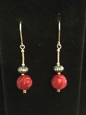 Beautiful Sterling Silver Carved Red Coral Flower & Sterling Bench Bead Earrings