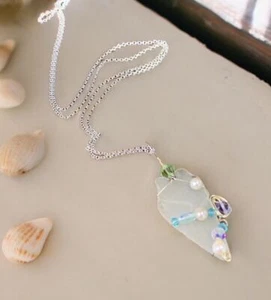 Authentic Atlantic City Ocean White Sea Glass pearl pendant necklace 28” - Picture 1 of 15