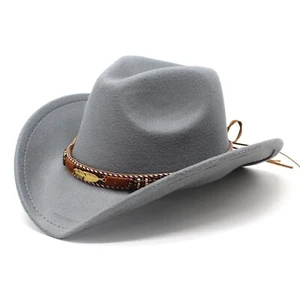 Gray Western Cowboy Cowgirl Hat – Gold Feather Braid Band, Felt, Men Women - Picture 1 of 3