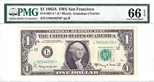 1963-A $ 1 FRN San Francisco **STERN** PMG Edelstein unzirkuliert 66EPQ #L00346230* - Bild 1 von 2