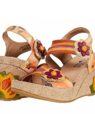L'ARTISTE SPRING STEP Karnit Size 37/6.5-7 Peach Leather Espadrille Wedge Sandal - Image 1 of 4