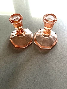 Smith Glass Dominion Pink Depression Glass Candlestick Pair 4¼” Vintage - Picture 1 of 6