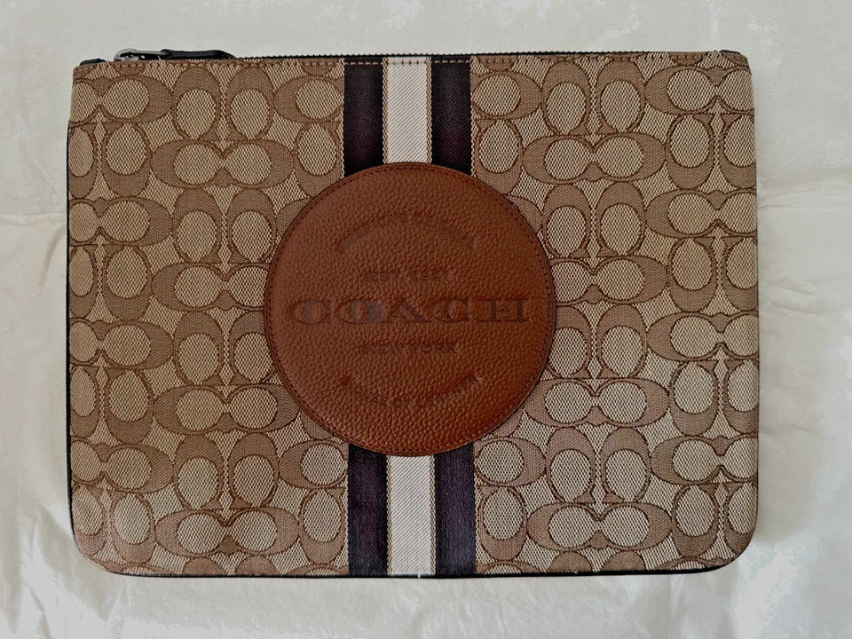 Coach Signature Striped Tablet iPad Sleeve Case Leather Khaki Canvas QBE7V NEW - Image 1 of 4