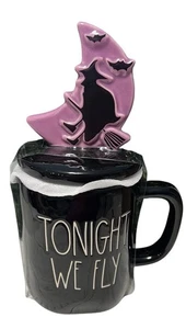 Rae Dunn TONIGHT WE FLY Mug with Witch Topper Lid Halloween Black & Purple NEW - Picture 1 of 5