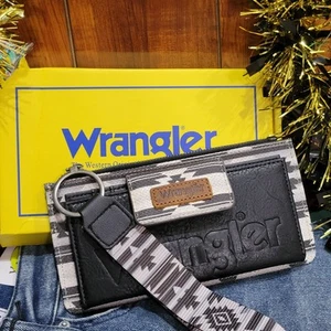 Wrangler Aztec Wallet Women's Wristlet Blue Faux Leather & Canvas Gift Item - Picture 1 of 8