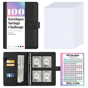 100 Envelope Money Saving Challenge Book with 100 Pocket Pre-numbered & Reusa... - Picture 1 of 8
