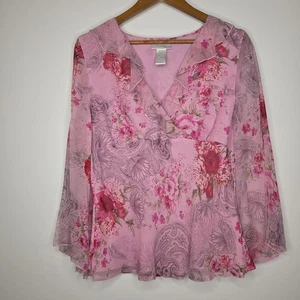 Worthington Womens Y2K Silk Pink Floral Ruffled Blouse Size XL Babydoll Fairy - Picture 1 of 9