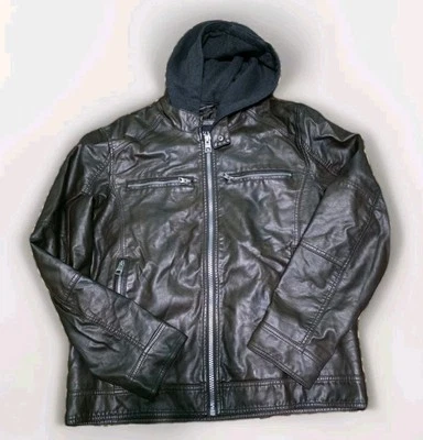 GUESS Large Faux Leather Hooded  Motorcycle Jacket Brown - Image 1 of 4