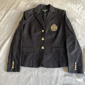 Ralph Lauren Blazer Jacket Women's Size 6 - 8 Black Cotton Crested Gold Buttons - Picture 1 of 16