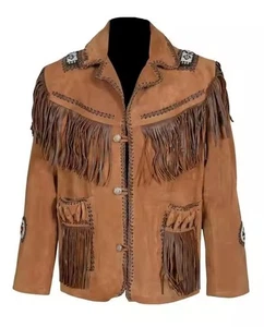 Men's Western American Cowboy Suede Leather Jacket Native American Style - Picture 1 of 4