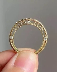 Art Deco Vintage Bridal Jewelry Band 14K Yellow Gold Plated Round Diamond Ring - Picture 1 of 8