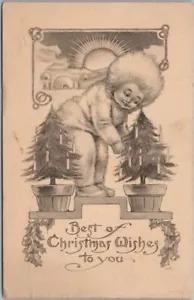 Vintage 1913 CHRISTMAS Postcard Eskimo Girl / Tiny Xmas Trees / GARTNER & BENDER - Picture 1 of 2