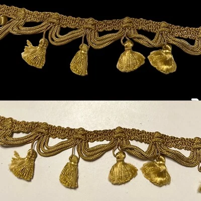 De Colección Consola Tela Tapicería 2" Flecos Borla Borla Borla Borla Oro Pom Pom Por Yarda MCM Foto 1 de 4