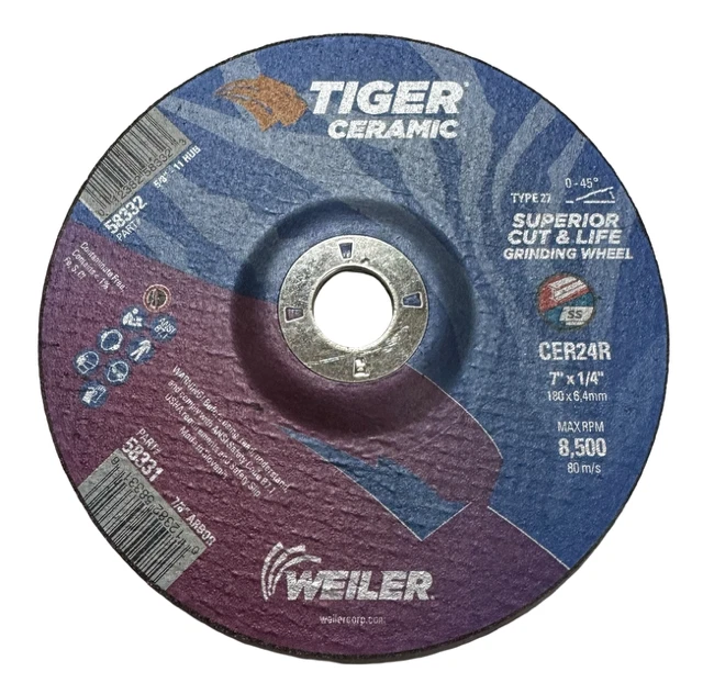 Paquete de 10 muelas abrasivas de cerámica Weiler 7" x 1/4" x 7/8" Tiger T27 Foto 1 de 1