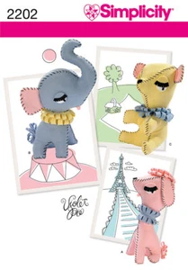 Simplicity 2202 10" Felt Stuff Animal Dog Elephant Bear by VIOLET PIE Pattern FF - Picture 1 of 3