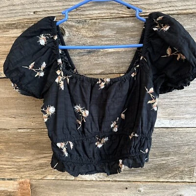 BP Women Junior Black Floral Crop Top Puffy Sleeve Sz XS COTTAGECORE Romance - Image 1 of 4
