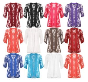 New Plus Size Womens Floral Lace Open Cardigan Ladies Long Sleeve Waterfall Top - Picture 1 of 12