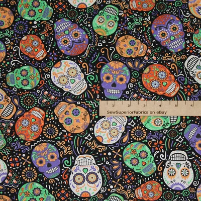 Máscaras Mardi Gras Calavera de Azúcar Día de Muertos Tela 1/2 Yarda #C8664 Foto 1 de 2