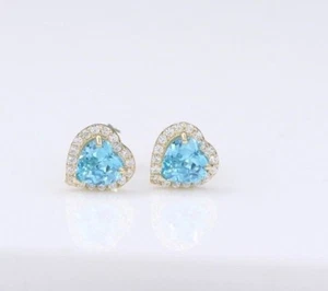 BLUE HEART GOLD STUD EARRING 14K YELLOW GOLD HEART EARRINGS CUTE SIZE 7.0 MM - Picture 1 of 12