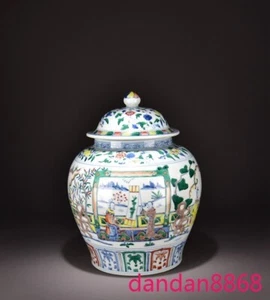 Antigua China Doucai Porcelana 12" Personaje Historia Vajilla Tanque Olla Tarro Estatua - Imagen 1 de 9