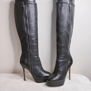 Jimmy Choo Knee High Boots Black Leather Moto Stiletto Platform Zipper Size 35.5 - Picture 1 of 16