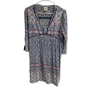 Knox rosa blau und rosa Boho V-Ausschnitt Tunika Kleid mit 3/4 Ärmeln Boho Hippie L - Bild 1 von 13