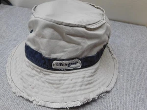 Life Is Good Hat Bucket Fitted Mens S/M Tan Blue Cotton Frayed Brim Outdoor - Picture 1 of 8