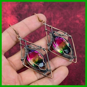 Daughters Day Sale Multi Tourmaline Stone Wire Wrapped Dangling Earrings Copper - Picture 1 of 11