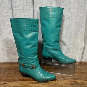 Vintage 70s Glacée Turquoise/Teal Leather Knee High Boots Boho Western Size 7N - Picture 1 of 15