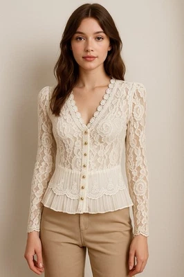 Blusa De Encaje De Colección Para Mujer L Blanca Botón Dorado Transparente Eduardia Victoriana Romántica Años 90 Foto 1 de 4