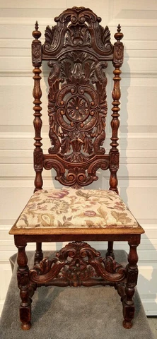 Amazing Hand Carved Antique Gothic Jacobean Style Carved Ornate Walnut Chair Cover