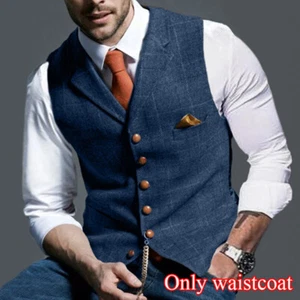 Men Retro Tweed Waistcoat Wool Blend Formal Plaid Herringbone Suit Vest Slim - Picture 1 of 16