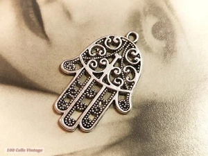 Hamsa Mano Tono Plata Metal Filigrana-3cm-Colgante Dije-0o - Imagen 1 de 3