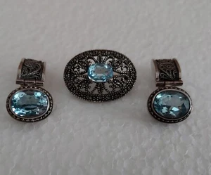Lori Bonn 925 Pale Blue Gemstone Clip On Earrings & Unmarked Brooch - Picture 1 of 8