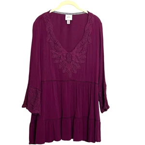 Knox Rose Womens Gauze Tunic Top Size Large Dark Wine Crochet Accents Tiered - Picture 1 of 5