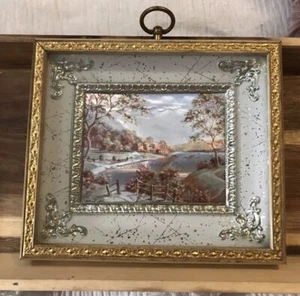 Vintage Foil Etched Framed Matted Village Cottages Print Picture Wood Frame - Picture 1 of 2