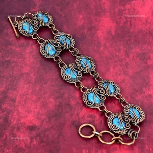 Copper Blue Turquoise Gemstone Copper Chain Boho Wire Wrapped Bracelet Jewelry - Picture 1 of 6