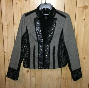 White House Black Market Sz 4 Blazer Herringbone Lace Sequin Jacket Wool Blend  - Picture 1 of 5