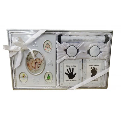 Baby Set Bilderrahmen Geburtsurkunde Erste Haare Zähne Hand- Fußabdruck silber - Bild 1 von 3