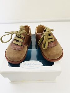 New POLO Ralph Lauren Baby Boys Oxford Tie Shoes Brown Suede Sz 2 Layette