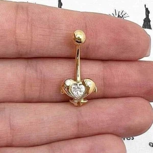 Bauchnabel-Ring 14 Karat Gold gelb weiß geschaffen Diamant Delfine - Bild 1 von 18