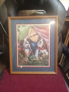 Home Interiors Picture Boy Dogs Camping Tent English Bulldogs Wood Frame 15"x18" - Picture 1 of 4