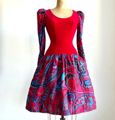 Vestido de diseñador años 80 Victor Costa cintura caída terciopelo corpiño falda acolchada talla 6 Foto 1 de 4