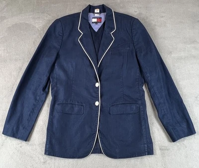 Blazer vintage Tommy Hilfiger para mujer 8 azul marino lino blanco ribete chaqueta Foto 1 de 4