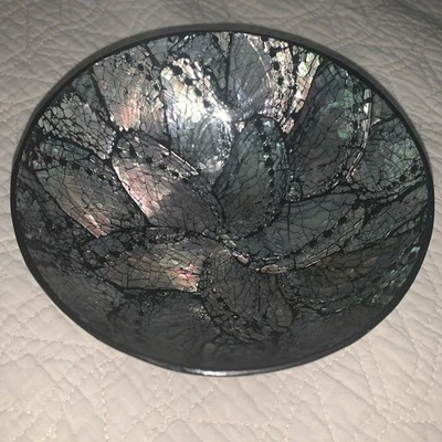 Abalone Shell Mosaic Bowl Dish Handmade round In Teal, Pink & Black Beautiful - Image 1 of 3
