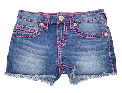 TRUE RELIGION JY "SUPER T" Pink-Stitched SHORT Blue Jean SHORTS Sz 8 Joey Super - Image 1 of 4
