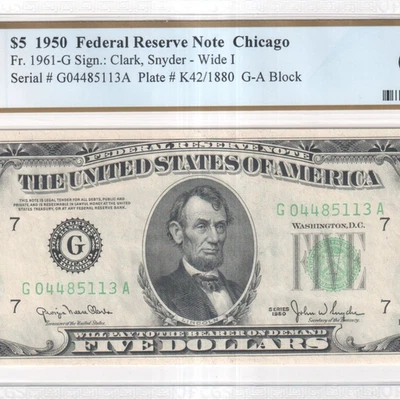 1950 $5 Federal Reserve Note - Chicago District - Wide I - 63 PPQ (Graded) - Image 1 of 4